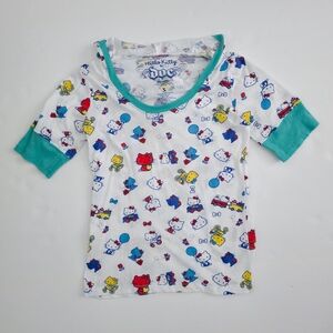 Hello Kitty White Tee with Teal Trim and Multicolor Print